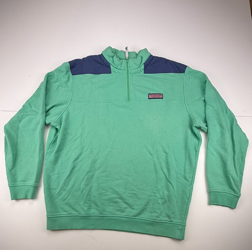 Vineyard Vines Men's Large Shep Shirt 1/4 Zip Green Navy Pullover Cotton